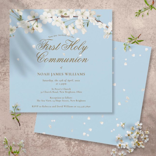 Modern Blue First Holy Communion White Blossom Invitation (Creator Uploaded)