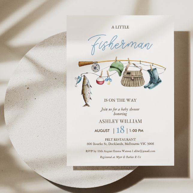 Modern Blue Fishing Rod Boys Fishing Baby Shower Invitation (Fishing Baby Shower Invitation Template Baby Boy, Fishing Rod Baby Shower Invite, Little Fisherman
)
