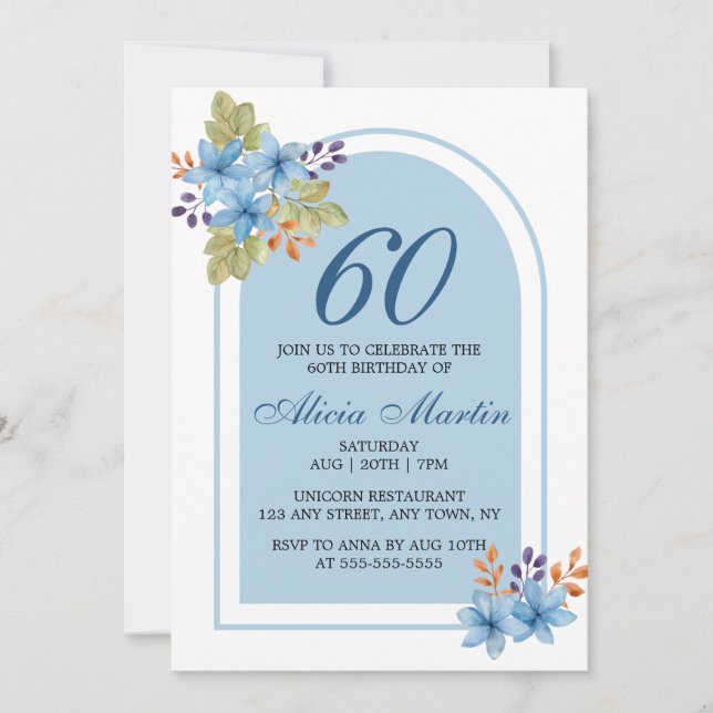 Modern Blue Flora Watercolor Any Age Birthday Invitation (Front)