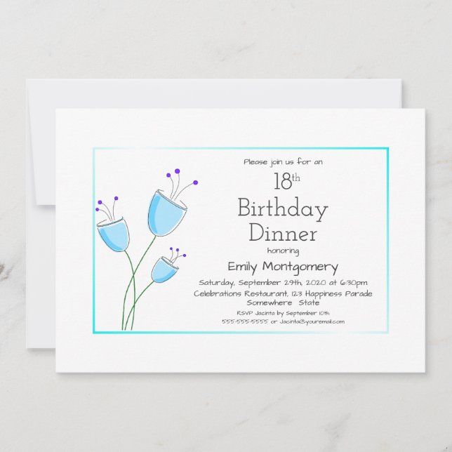Modern Blue Floral 18th Birthday Dinner Party Invitation (Front)