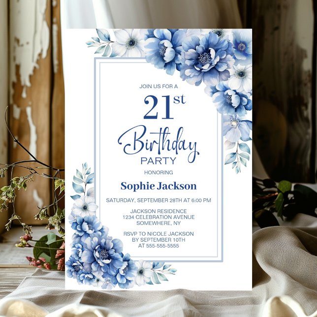 Modern Blue Floral 21st Birthday Party Invitation (Creator Uploaded)