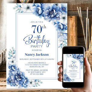 Modern Blue Floral 70th Birthday Party Invitation
