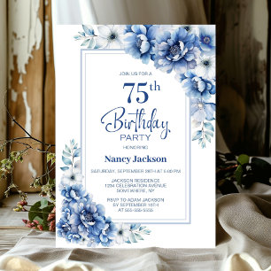 Modern Blue Floral 75th Birthday Party Invitation