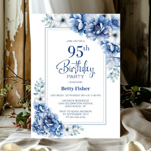 Modern Blue Floral 95th Birthday Party Invitation