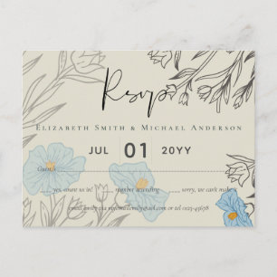 Modern Blue Floral Abstract Wedding RSVP Postcard