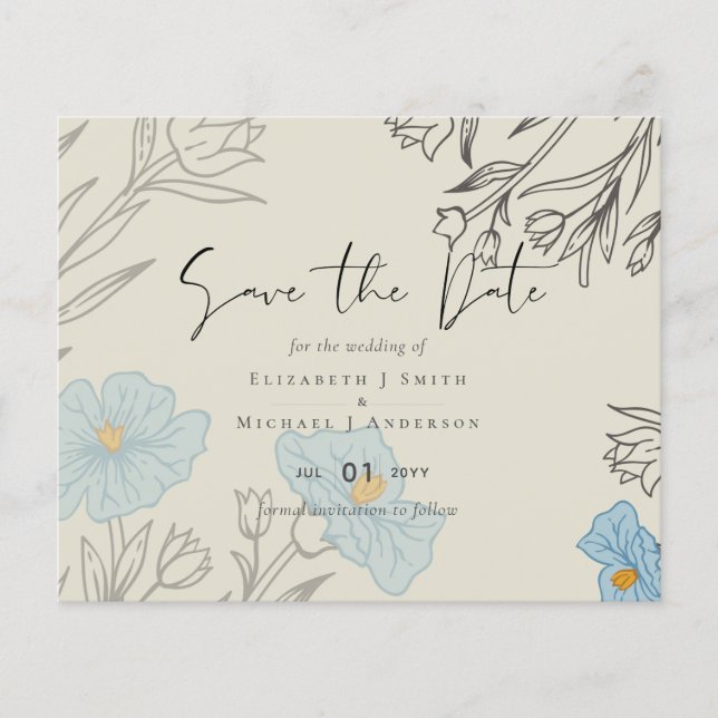 Modern Blue Floral Abstract Wedding SAve the Date (Front)