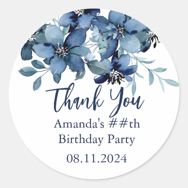 Modern Blue Floral Birthday Party Thank You Classic Round Sticker (Front)