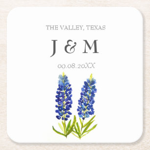 Modern Blue Floral Bluebonnet Custom Wedding Square Paper Coaster