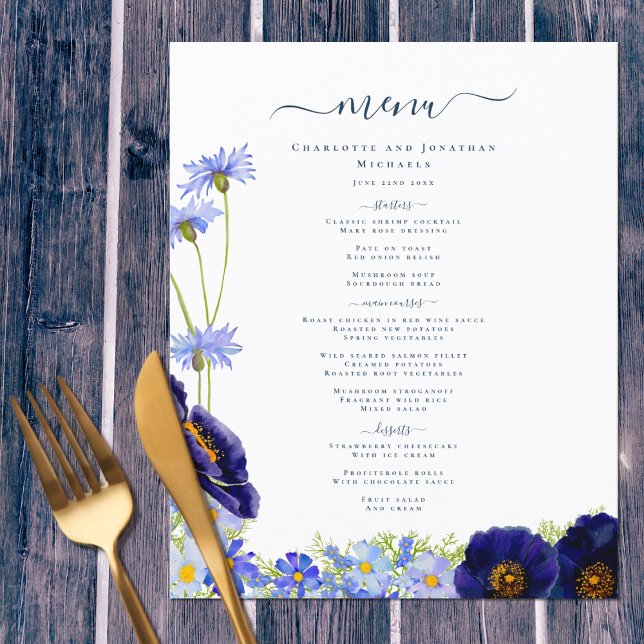 Modern Blue Floral Boho Wedding Menu (Wildflower watercolor blue personalized wedding menu original artwork by artist Catherine Sweetman)