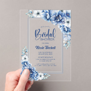 Modern Blue Floral Bridal Shower Acrylic Invitations