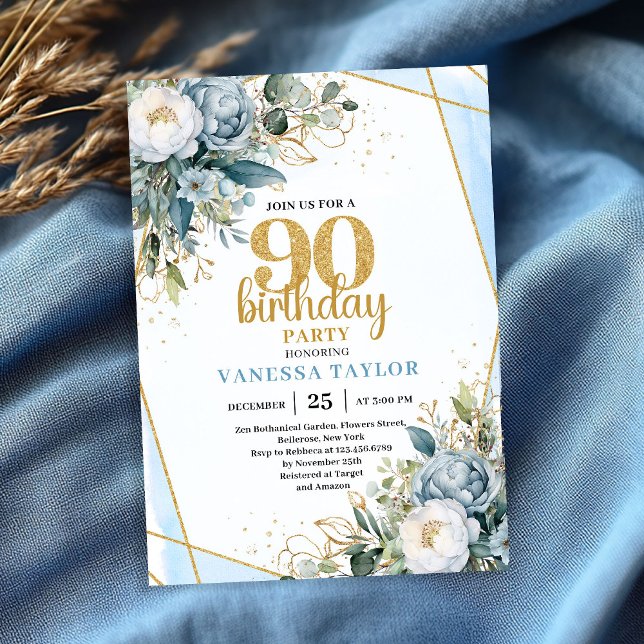 Modern Blue Floral Gold Frame 90th Birthday Invite (Modern Blue Floral Gold Frame 90th Birthday Invite)