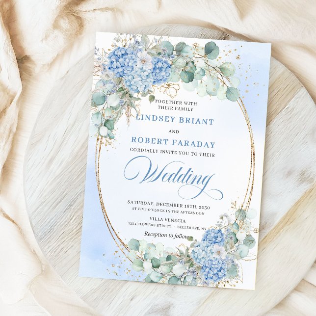 Modern Blue Floral Gold Oval Wedding Invite (Modern Blue Floral Gold Oval Wedding Invite)