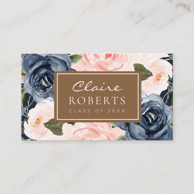 Modern blue floral graduation name card (Front)