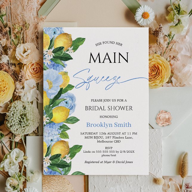 Modern Blue Floral Lemon Themed Bridal Shower Invitation (Lemon Bridal Shower Invitation Template, Blue Floral Lemon Bridal Shower, She Found her Main Squeeze)