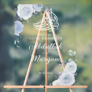 Modern Blue Floral Muslim Islamic Wedding Welcome  Acrylic Sign