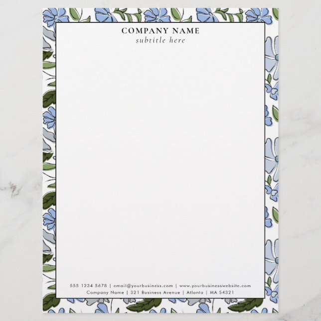 Modern Blue Floral Pattern Company Name Details Custom Letterhead (Front)