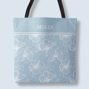 Modern Blue Floral Pattern Elegant Custom Name Tote Bag
