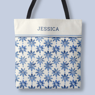 Modern Blue Floral Pattern Elegant Stylish Name Tote Bag