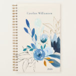 Modern Blue Floral Personalised 2025 Undated Planner<br><div class="desc">Stay inspired with this personalised journal featuring an elegant blue watercolor floral design with gold accents. The soft neutral background complements the delicate hand-painted flowers,  making this notebook perfect for daily journalling,  planning,  or creative writing. Customise with your name and year for a unique and stylish touch.</div>