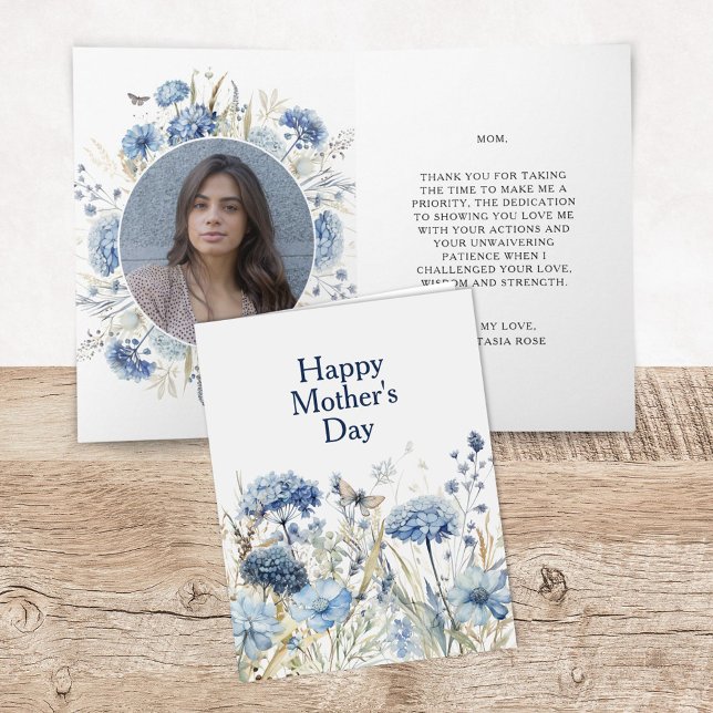 Modern Blue Floral Photo Happy Mother's Day Card (modern mother's day card with photo keepsake and personalized message inside)