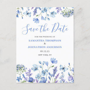 Modern Blue Floral Save The Date Announcement Postcard