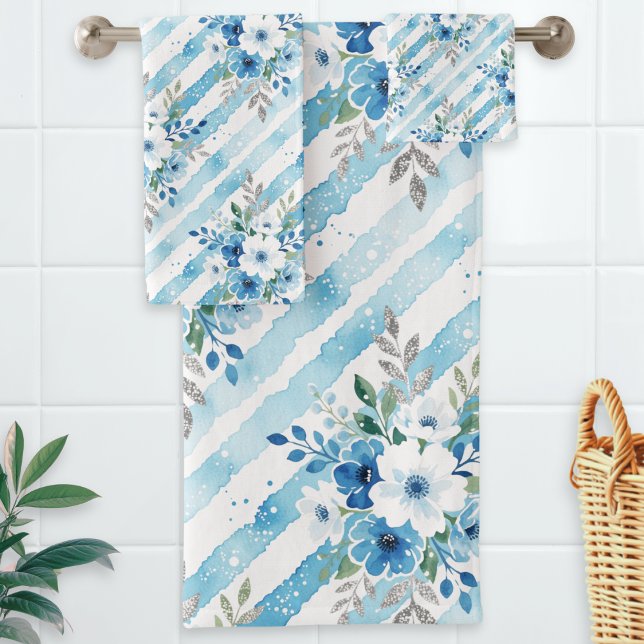 Modern Blue Floral Striped Bath Towel Set (A bath towel set with floral and striped pattern in blue, white and green, in a watercolor style)