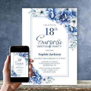 Modern Blue Floral Surprise 18th Birthday Party Invitation