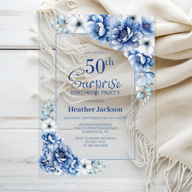 Modern Blue Floral Surprise 50th Birthday Party Acrylic Invitations (Creator Uploaded)