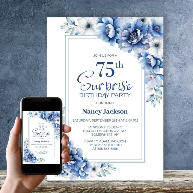 Modern Blue Floral Surprise 75th Birthday Party Invitation (Creator Uploaded)