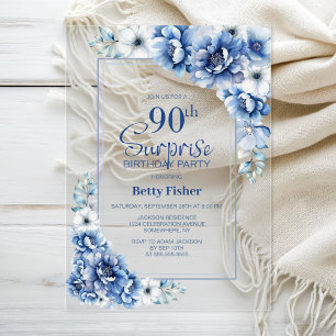 Modern Blue Floral Surprise 90th Birthday Party Acrylic Invitations
