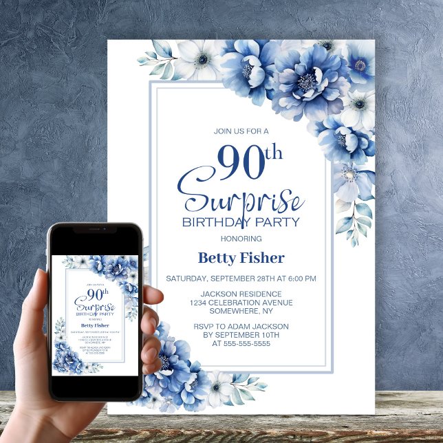 Modern Blue Floral Surprise 90th Birthday Party Invitation (Creator Uploaded)
