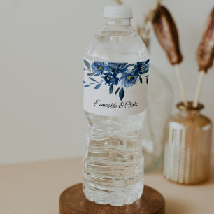 Modern Blue Floral Water Bottle Label