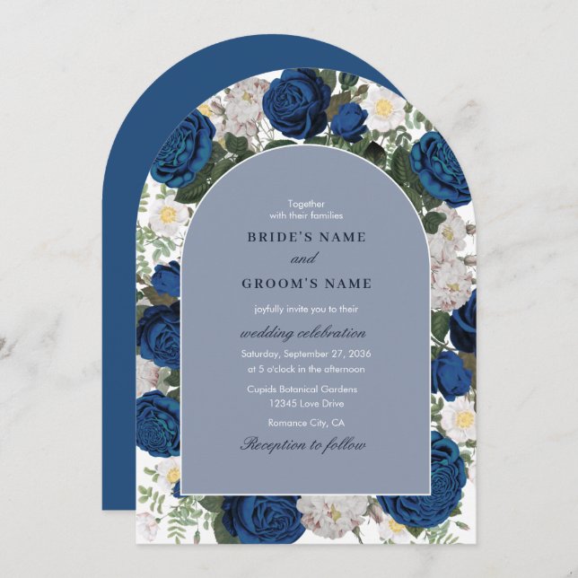 Modern Blue Floral Watercolor Elegant Wedding Arch Invitation (Front/Back)