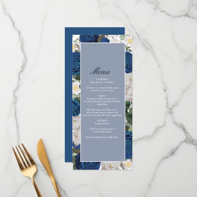 Modern Blue Floral Watercolor Elegant Wedding  Menu (Front/Back In Situ)