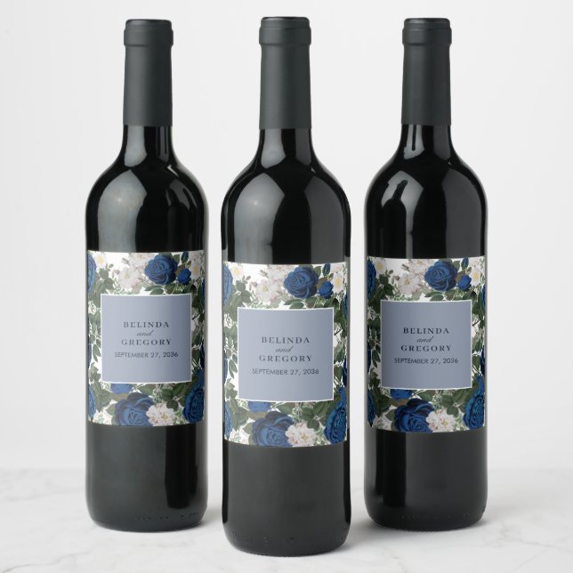 Modern Blue Floral Watercolor Elegant Wedding  Wine Label (Bottles)