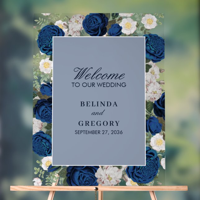 Modern Blue Floral Watercolor Wedding Clear Acrylic Sign (Neutral)