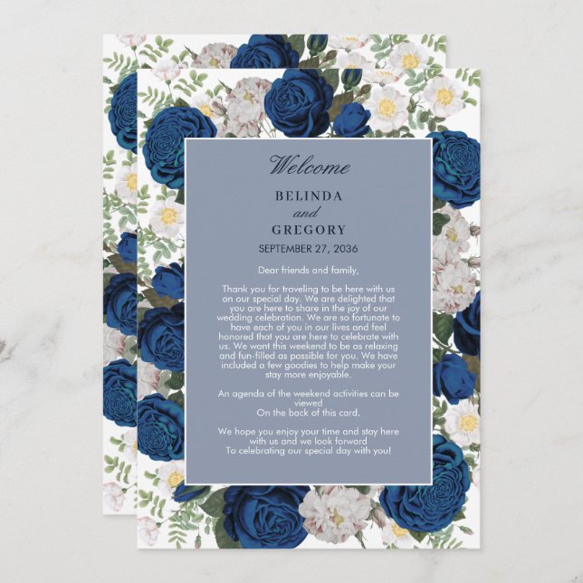 Modern Blue Floral Watercolor Wedding Itinerary (Front/Back)