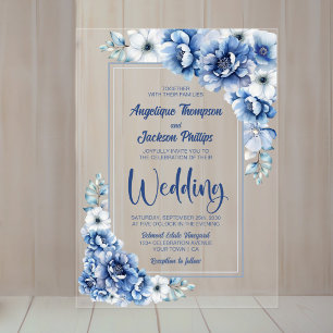 Modern Blue Floral Wedding Acrylic Invitations