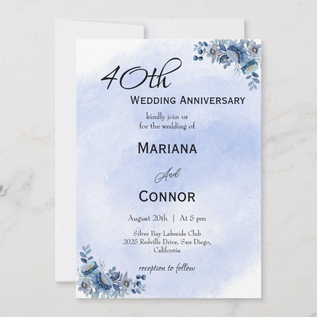 Modern Blue Floral Wedding Anniversary Invitations (Front)