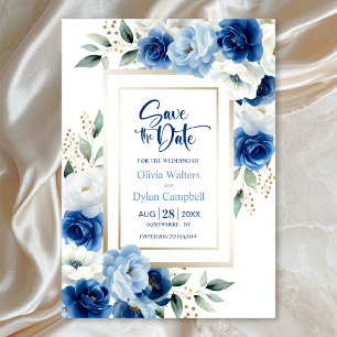 Modern Blue Floral Wedding Save the Date Invitation