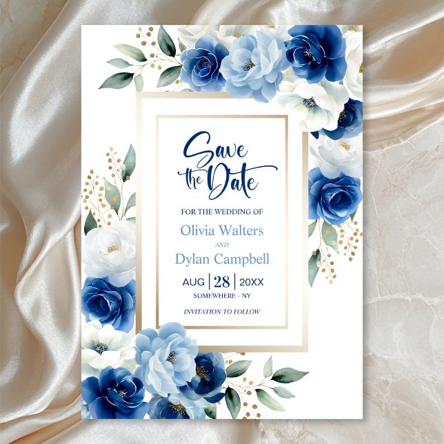 Modern Blue Floral Wedding Save the Date Invitation (Creator Uploaded)