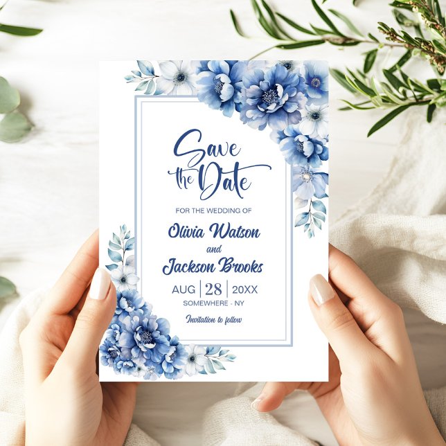 Modern Blue Floral Wedding Save the Date Invitation (Creator Uploaded)