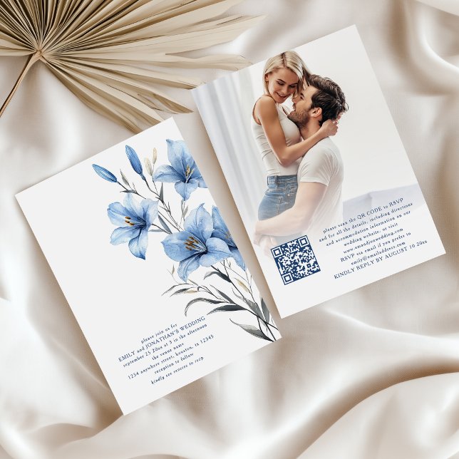 Modern Blue Florals Photo Overlay QR Code Wedding Invitation (Front and back view)