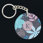 Modern Blue Flower Pattern Pink Monogram Key Ring<br><div class="desc">Modern and pretty floral design with pink monogram.</div>