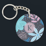 Modern Blue Flower Pattern Pink Monogram Key Ring<br><div class="desc">Modern and pretty floral design with pink monogram.</div>