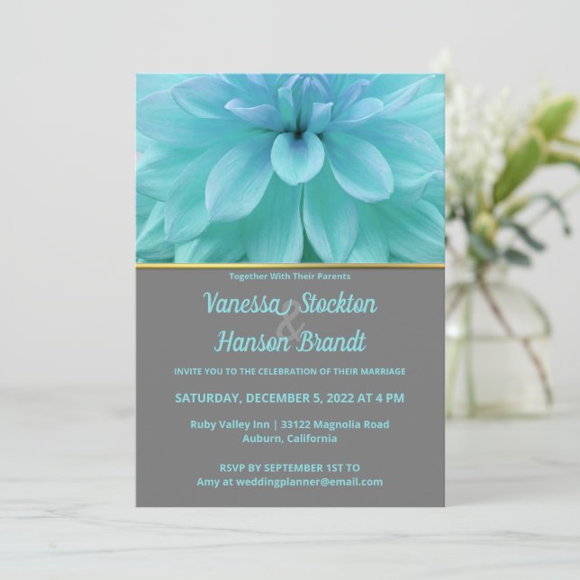 Modern Blue Flower Wedding Invitation (Standing Front)