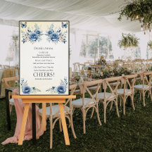 Modern Blue Flowers and Butterflies Drinks Menu