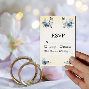 Modern Blue Flowers and Butterflies RSVP Card