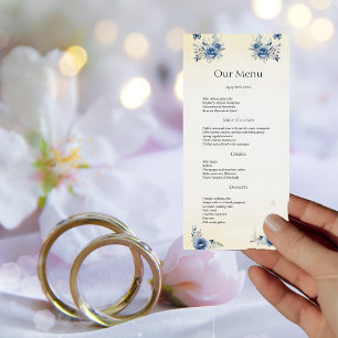 Modern Blue Flowers and Butterflies Wedding Dinner Menu