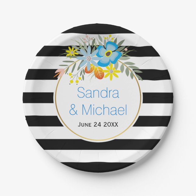 Modern blue flowers and stripes floral wedding paper plate (Front)